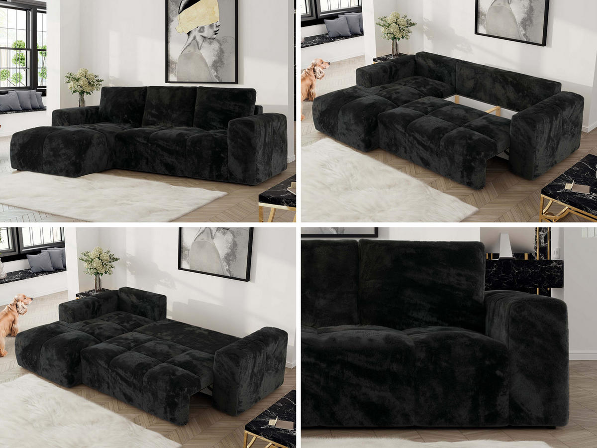 ECKSOFA MONIVA Schwarz Plüsch - Links - Schwarz, Textil (164/266cm) - MKS