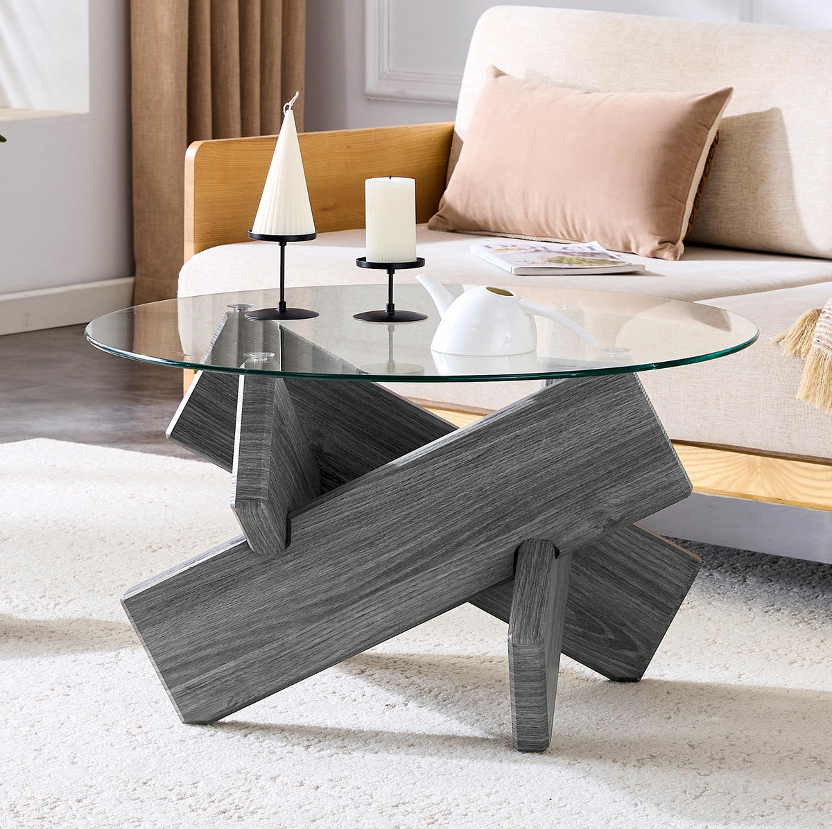 COUCHTISCH 79/45 cm aus Glas und MDF mit Kreuzgestell in Grau - Grau, Holzwerkstoff (79/79/45cm) - Flora Grace
