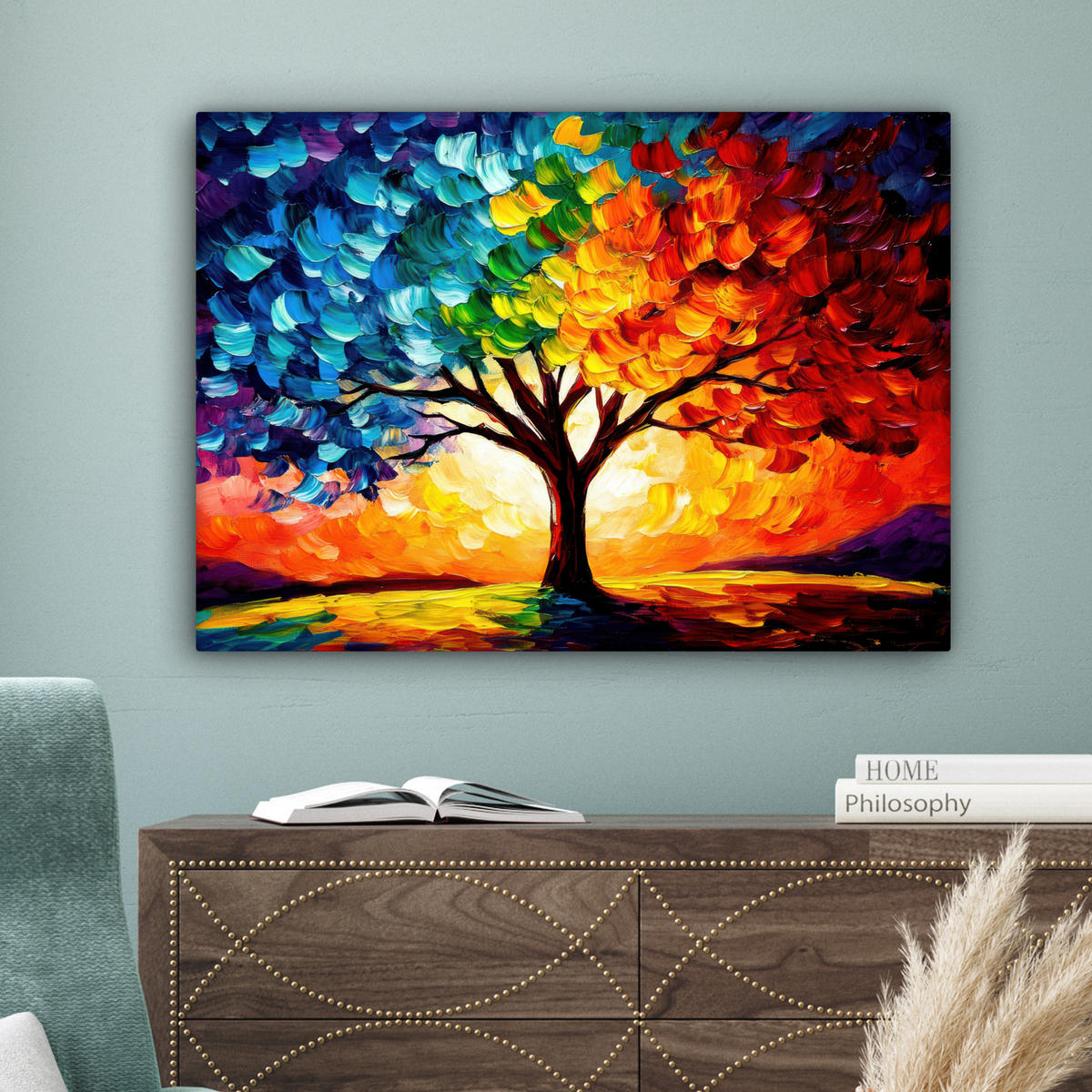 LEINWANDBILD - Baum - Kunst - Natur - Sonnenuntergang - 80x60 - Malerei - Multicolor, Textil (80/60cm) - MuchoWow