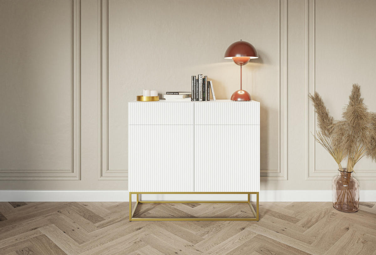 KOMMODE Veldio Weiß mit goldenem Metallgestell 100 cm - Goldfarben/Weiß, Holzwerkstoff/Metall (100/90/38cm) - Selsey