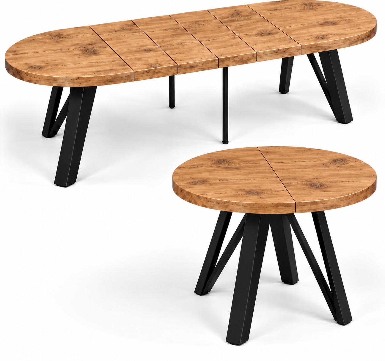 ESSTISCH rund ausziehbar 110/310/76 cm, Eiche Craft, 54 cm Tischplatte + Industrial Metallgestell Schwarz - Eichefarben/Schwarz, Holzwerkstoff/Metall (110/310/76cm) - Damale Möbel