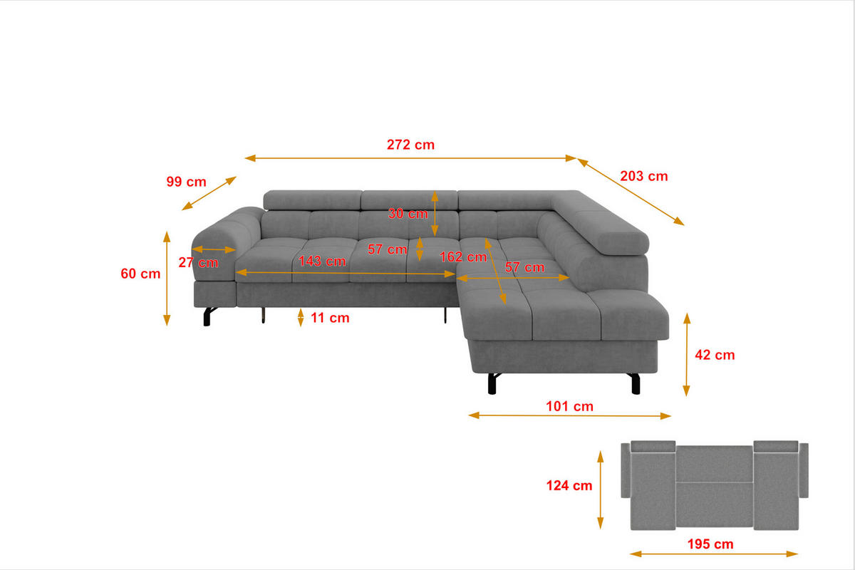 ECKSOFA mit Schlaffunktion Ottomane Rechts LUMA-L 272x203x70 Grau Velours - Schwarz/Grau, Holzwerkstoff/Kunststoff (203/272cm) - ALTDECOR