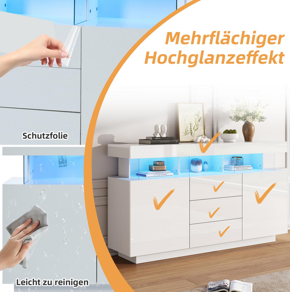 SIDEBOARD aus Spanplatte und Acryl 140x35x80 cm Weiß mit LED-Beleuchtung, 3 Schubladen und 2 Türen - Weiß, Holzwerkstoff (140/80/35cm) - IVMEU