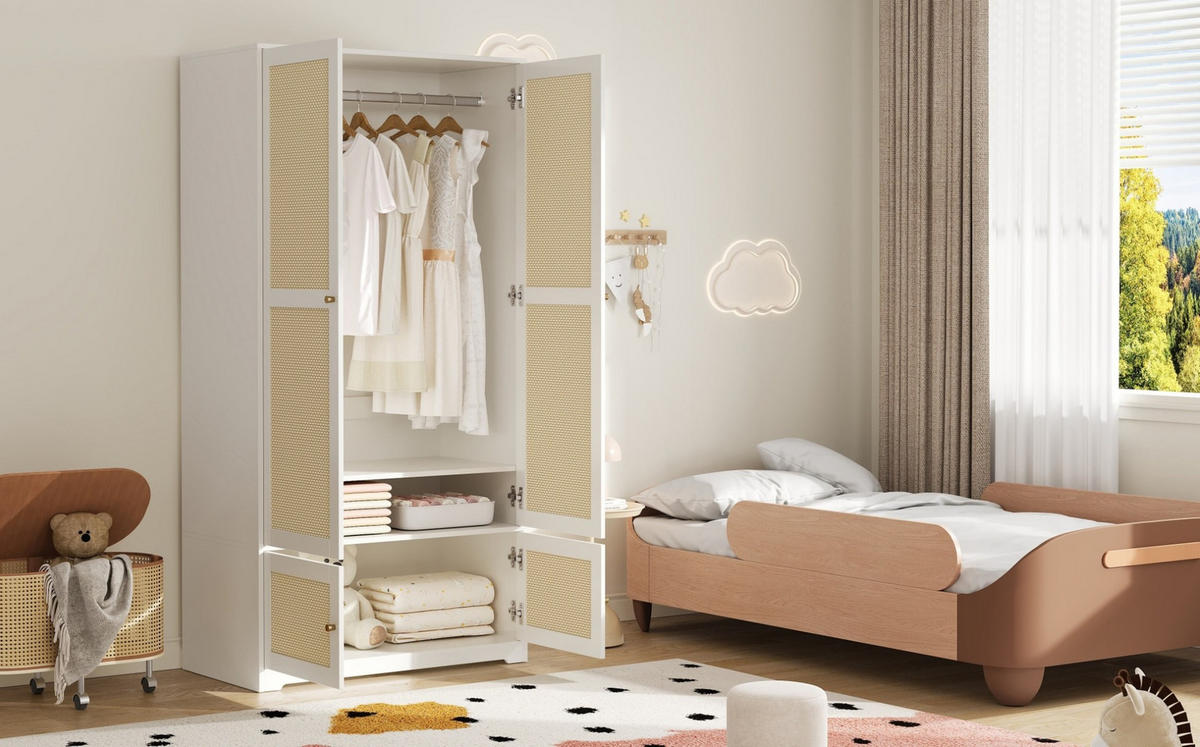 KLEIDERSCHRANK 90/180/48 cm Weiß aus MDF mit Rattantüren - Weiß, Holzwerkstoff (48/180/90cm) - OKMYHOME
