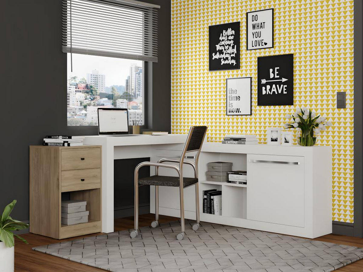 ECKSCHREIBTISCH mit 2 Schubladen & 2 Türen - Weiß & Eichefarben - EVAN - Naturfarben, Holz (159.9/175.5/75.3cm) - Vente-Unique