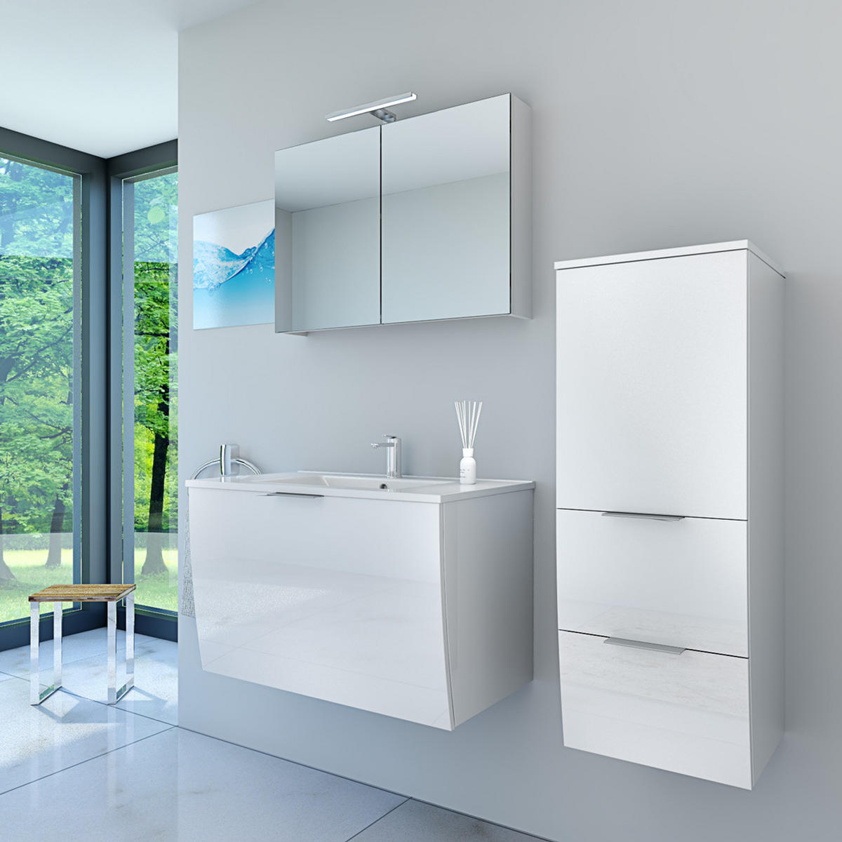 BADMÖBEL Set Gently 1 V2 R Weiß MDF Waschtisch 80cm - Weiß, Glas/Kunststoff (46/52/80cm) - AcquaVapore by Sandra Jentho