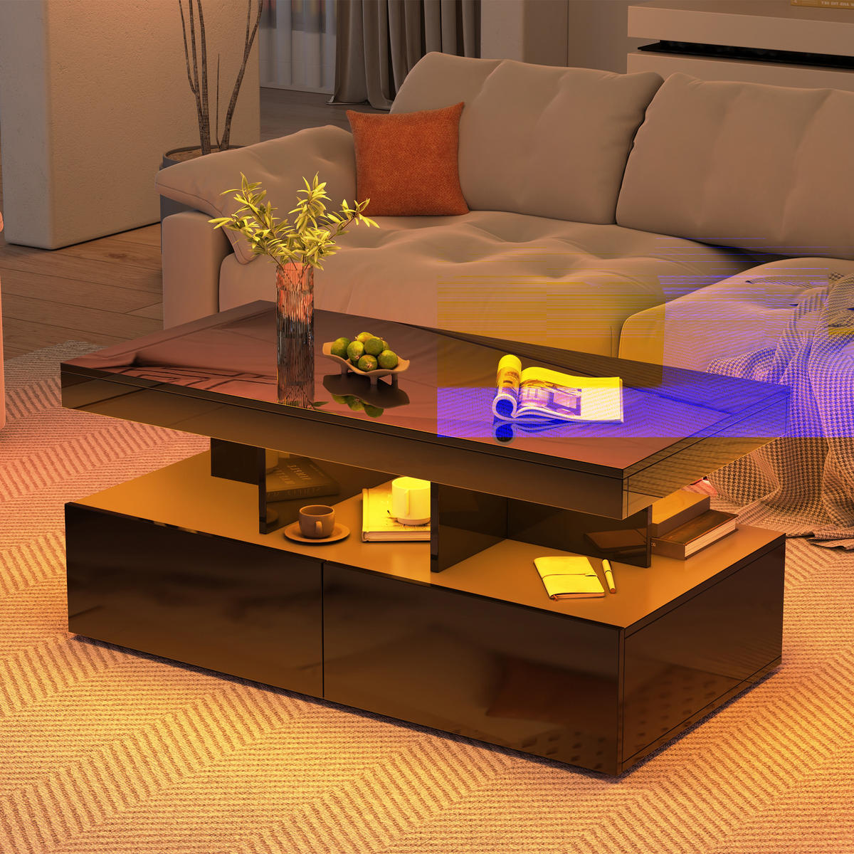 COUCHTISCH 104 x 53 x 46 cm, Wohnzimmertisch mit LED-Beleuchtung und Schubladen,Schwarz - Schwarz, Metall (104/53/46cm) - PARAFTA HOME