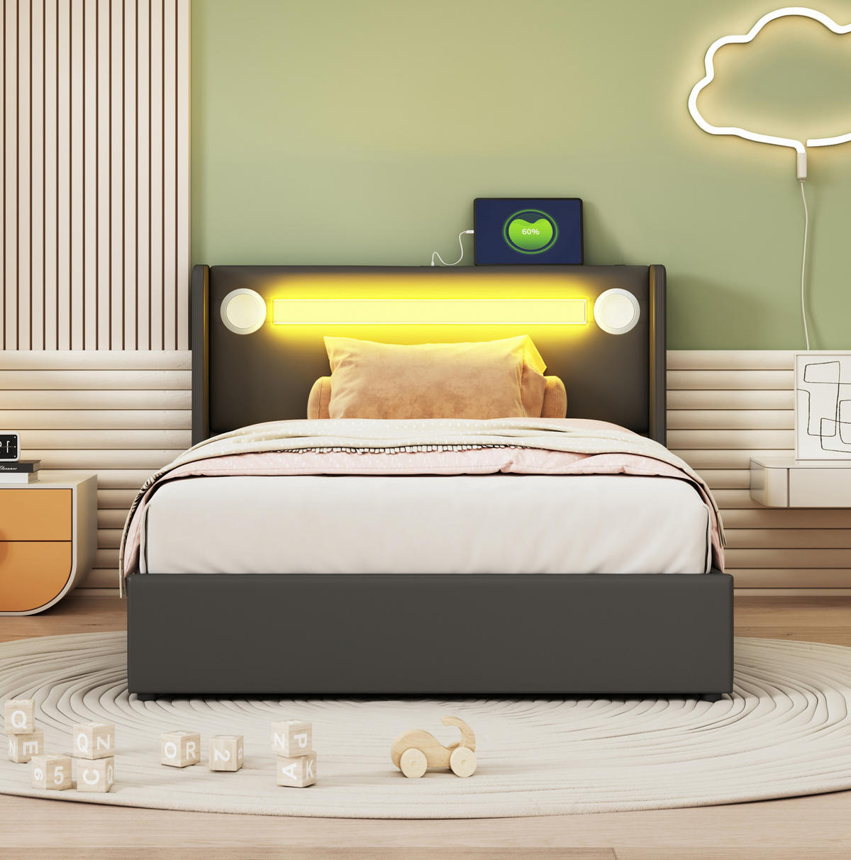 POLSTERBETT mit LED-Beleuchtung 90/200 cm mit Bettkasten und USB in Schwarz - Schwarz, Kunststoff (90/200cm) - BEAOK