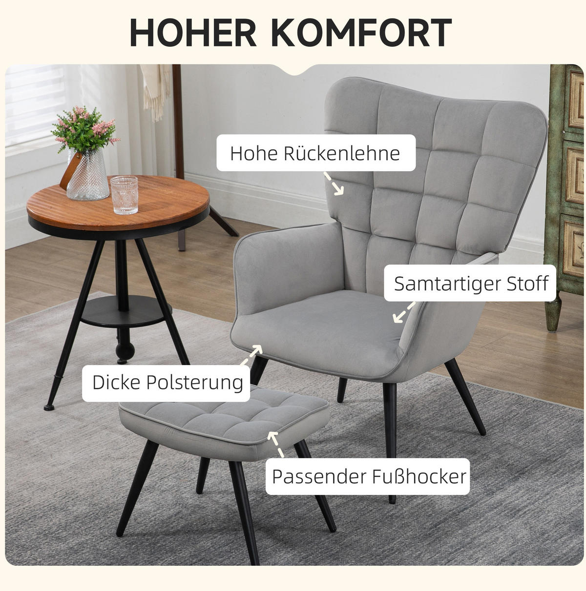 OHRENSESSEL 73/77,5/98 cm mit hoher Rückenlehne in Samtoptik, bis 120 kg - Hellgrau, Metall (77.5/98/73cm) - BEAOK
