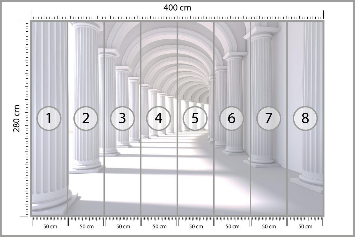 FOTOTAPETE für Wohnzimmer Räumlich Tunnel Historische Säulen 400x280 - Weiß/Grau, Papier (400/280cm) - Muralo