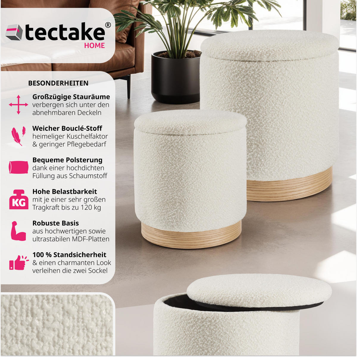 SITZHOCKER 2er Set mit Stauraum Orchide,Gestelle aus MDF-Platten,creme - Creme, Holz (38/42/38cm) - tectake