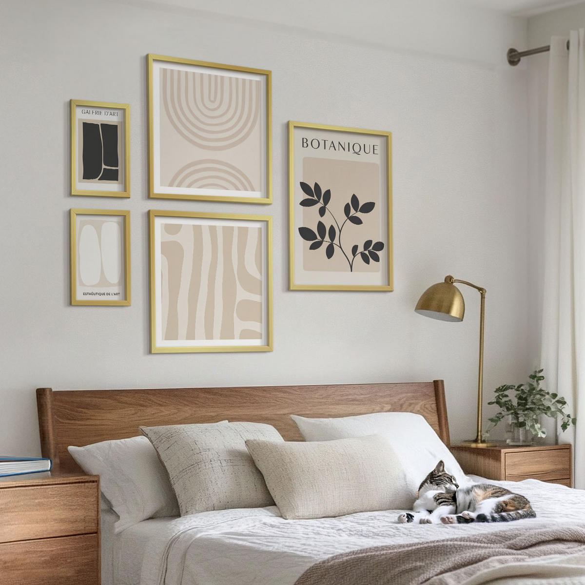 WANDBILDER 5er Set - 50x50 cm & 20x30 cm & 40x60 cm Goldrahmen - Boho-Pflanzenposter - Goldfarben, Kunststoff (40/60cm) - ArtPrintCave