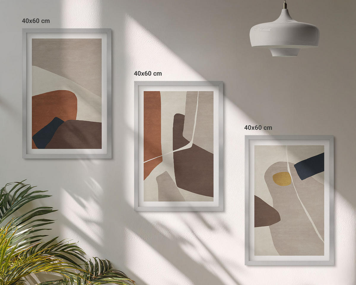 BILDER SET 3er Set - 40x60 cm Silberner Rahmen - Abstrakte Boho-Malerei - Silberfarben, Kunststoff (40/60cm) - TULUP
