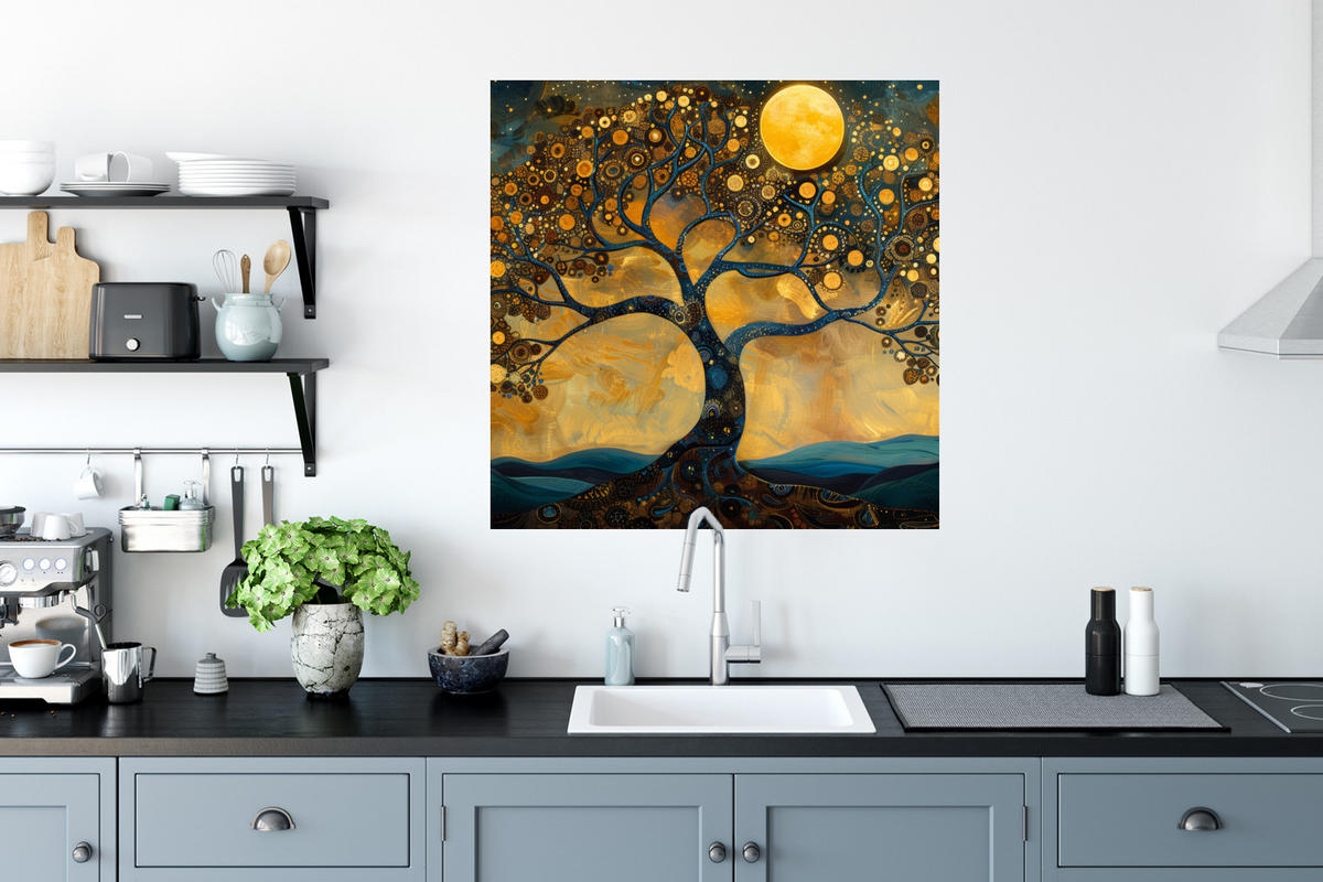 WANDTATTOO Baum - Mond - Blumen - Gold - Kunst 50x50 cm - Orange, Kunststoff (50/50/0.1cm) - MuchoWow