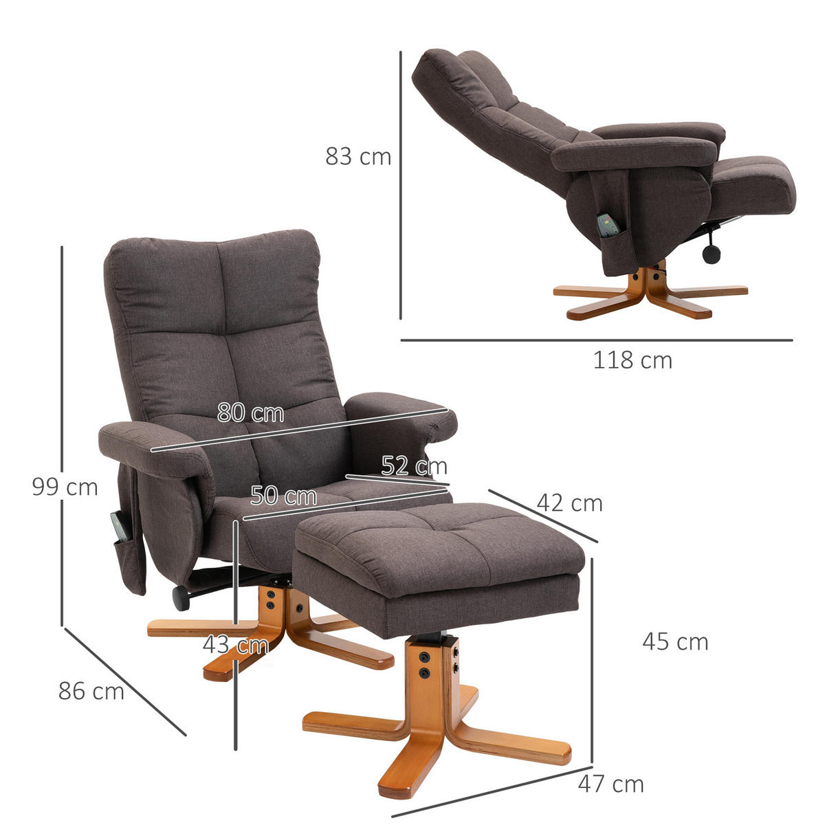 RELAXSESSEL Massagesessel mit Fußhocker Liegefunktion Polyester Braun - Anthrazit/Braun, Holz/Textil (86/99/80cm) - HOMCOM