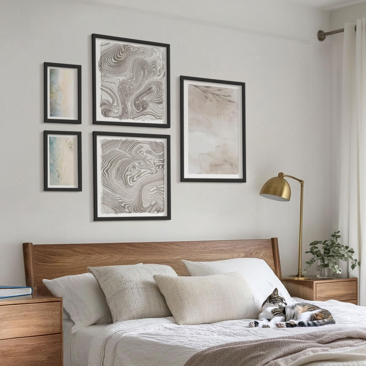 BILDER SET 5er Set - 50x50 cm & 20x30 cm & 40x60 cm Schwarzer Rahmen - Zarte Aquarellkartons - Schwarz, Kunststoff (40/60cm) - TULUP