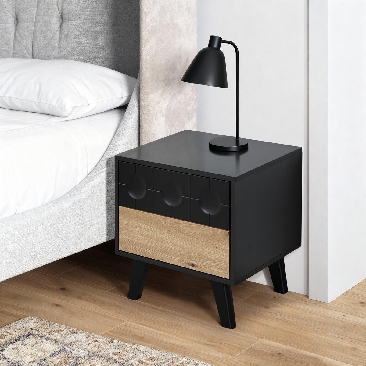 NACHTTISCH mit 2 Schubladen, Natur und Schwarz | 40T x 45B x 48H cm - Schwarz, Holz (45/48/40cm) - Hometopia