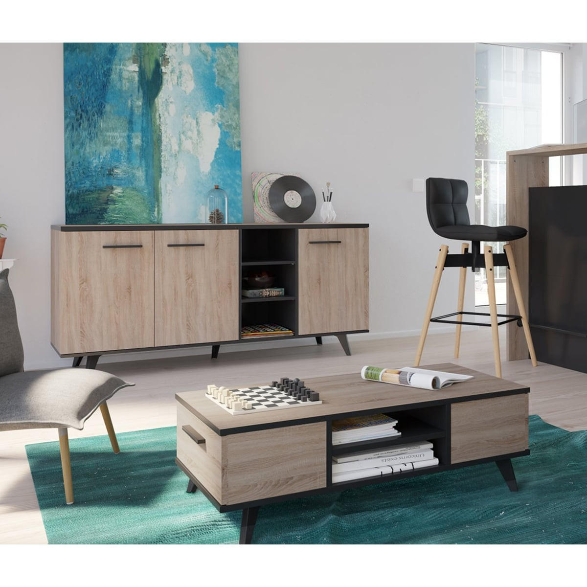 NIEDRIGER Tisch mit 2 Schubladen und 2 Ablagen L106,6 cm - Wayne - Eichefarben/Schwarz, Holzwerkstoff (52/50.1/35.2cm) - Calicosy