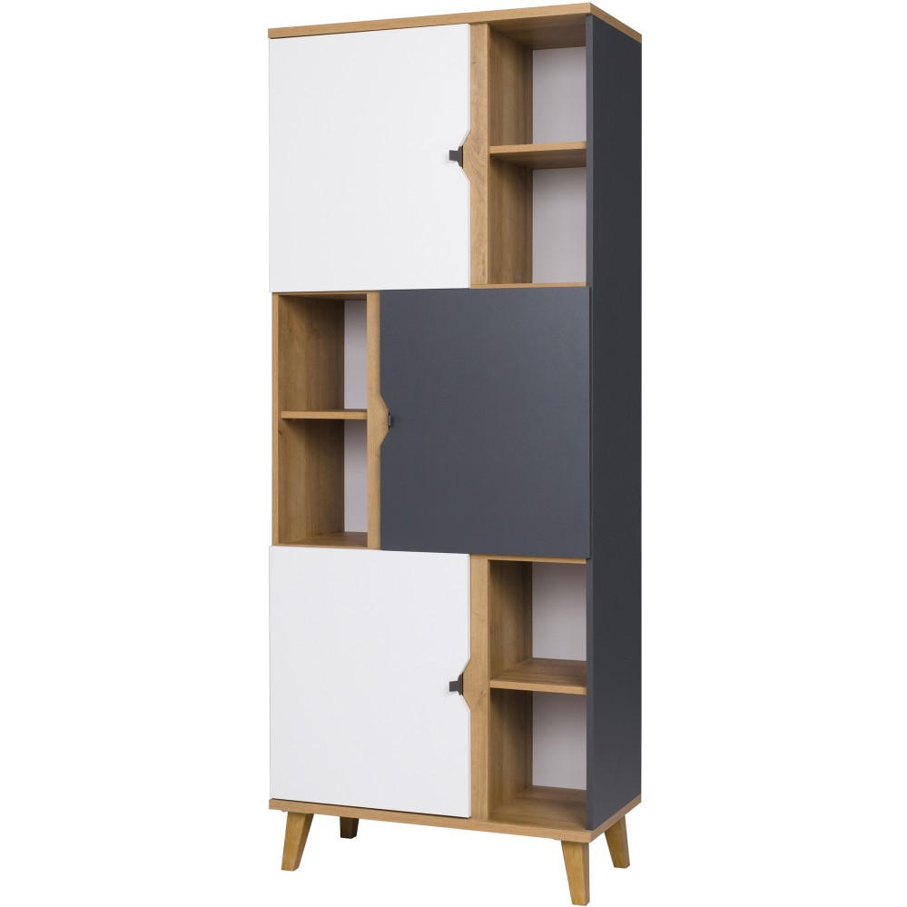 BÜCHERREGAL Moreno mit 3 Türen und 6 Einlegeböden, Eiche gold/mattweiß/graphit - Eichefarben/Graphitfarben, Holzwerkstoff/Kunststoff (80/200/61.5cm) - Beautysofa