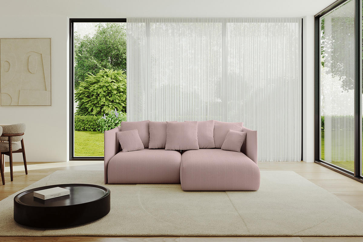 ECKSOFA mit Schlaffunktion und Bettkasten ONESK-L 208x165x40 Rosa Cord - Rosa, Holzwerkstoff/Kunststoff (208/165cm) - ALTDECOR