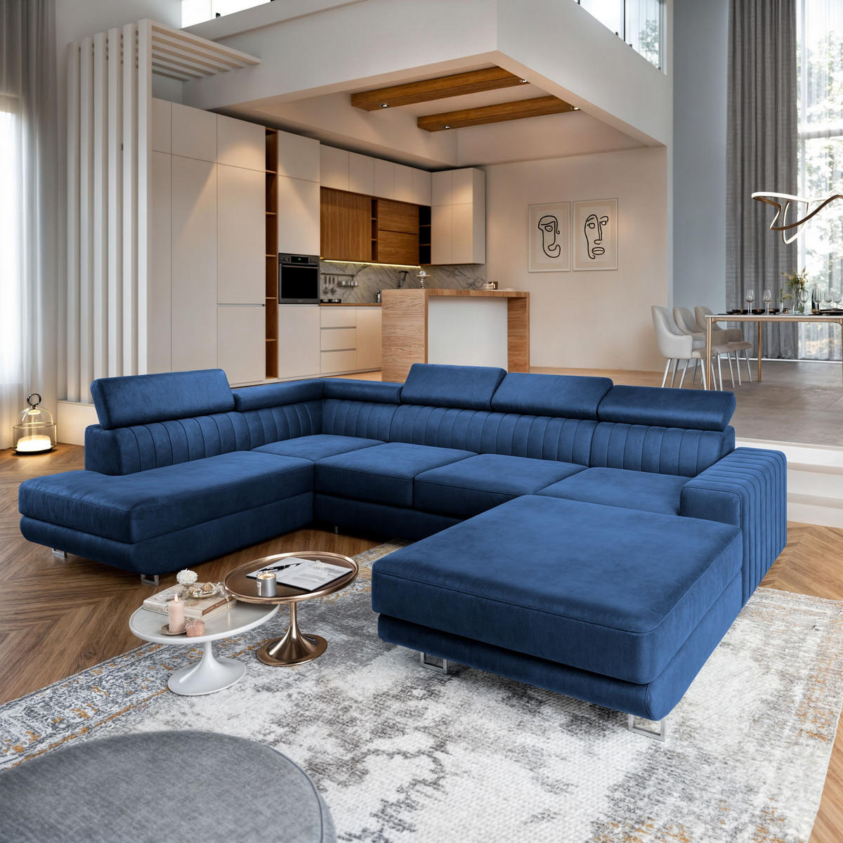 WOHNLANDSCHAFT SIENA L-S Blau Velours-Stoff mit Schlaffunktion - Blau, Holz (335/89/190cm) - MASSENO