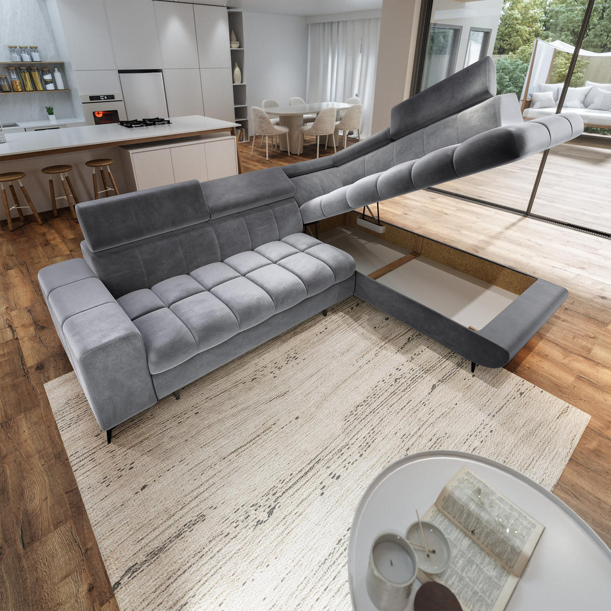 ECKSOFA MORIVA R-S Hellgrau Velours-Stoff mit Schlaffunktion - Hellgrau, Holz (253/190cm) - MASSENO