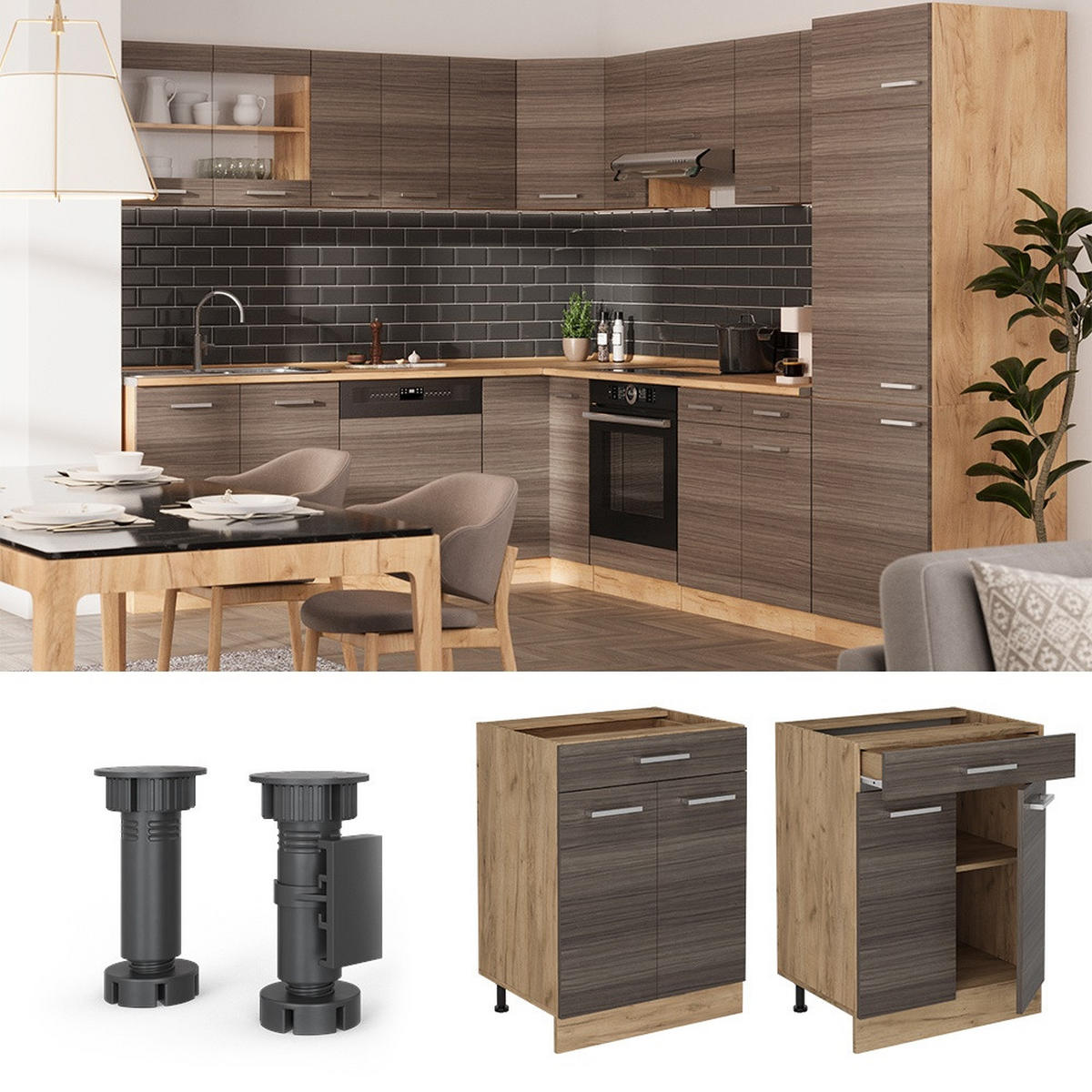 KÜCHENUNTERSCHRANK R-Line Edelgrau 60 cm mit Schublade, AP Anthrazit - Honigeiche/Grau, Holzwerkstoff (60/81.6/60cm) - Vicco