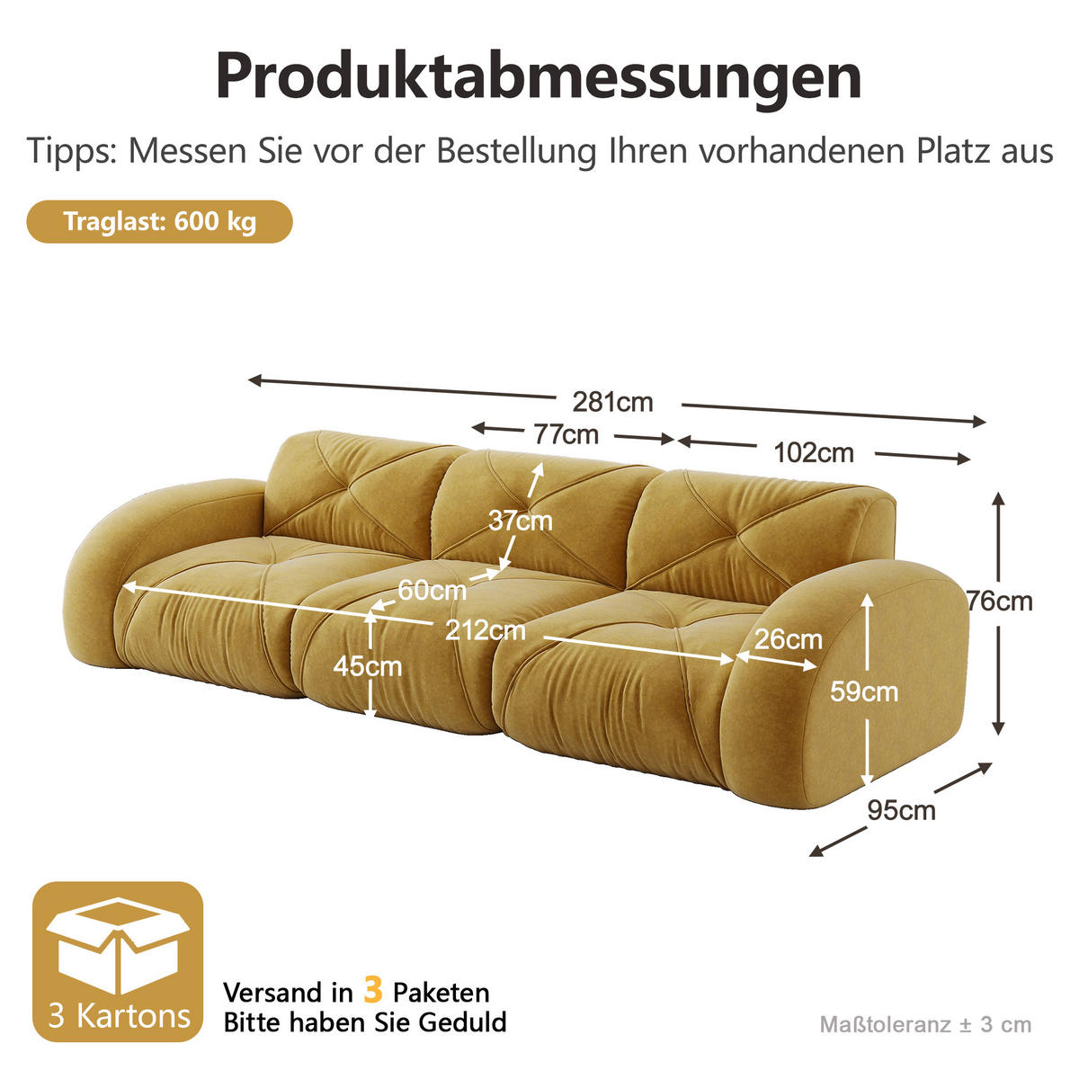 3-SITZER-SOFA DE-34276 modular Gelb - Gelb, Textil (95/76/281cm) - ComfortXL