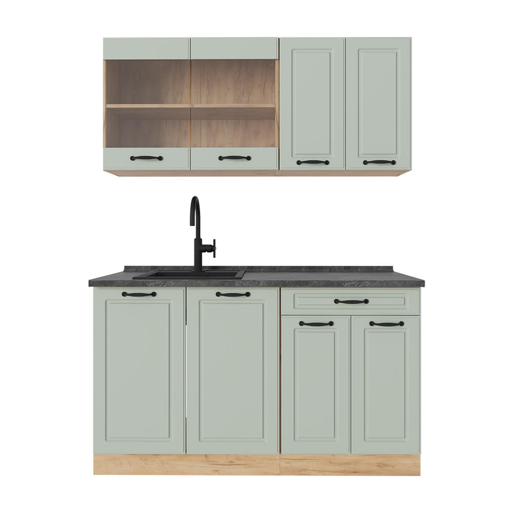 SINGLEKÜCHE R-Line, Mint Landhaus/Goldkraft Eiche, 140 cm Arbeitsplatte Anthrazit - Honigeiche/Grün, Holzwerkstoff (140/81.6/60cm) - Vicco