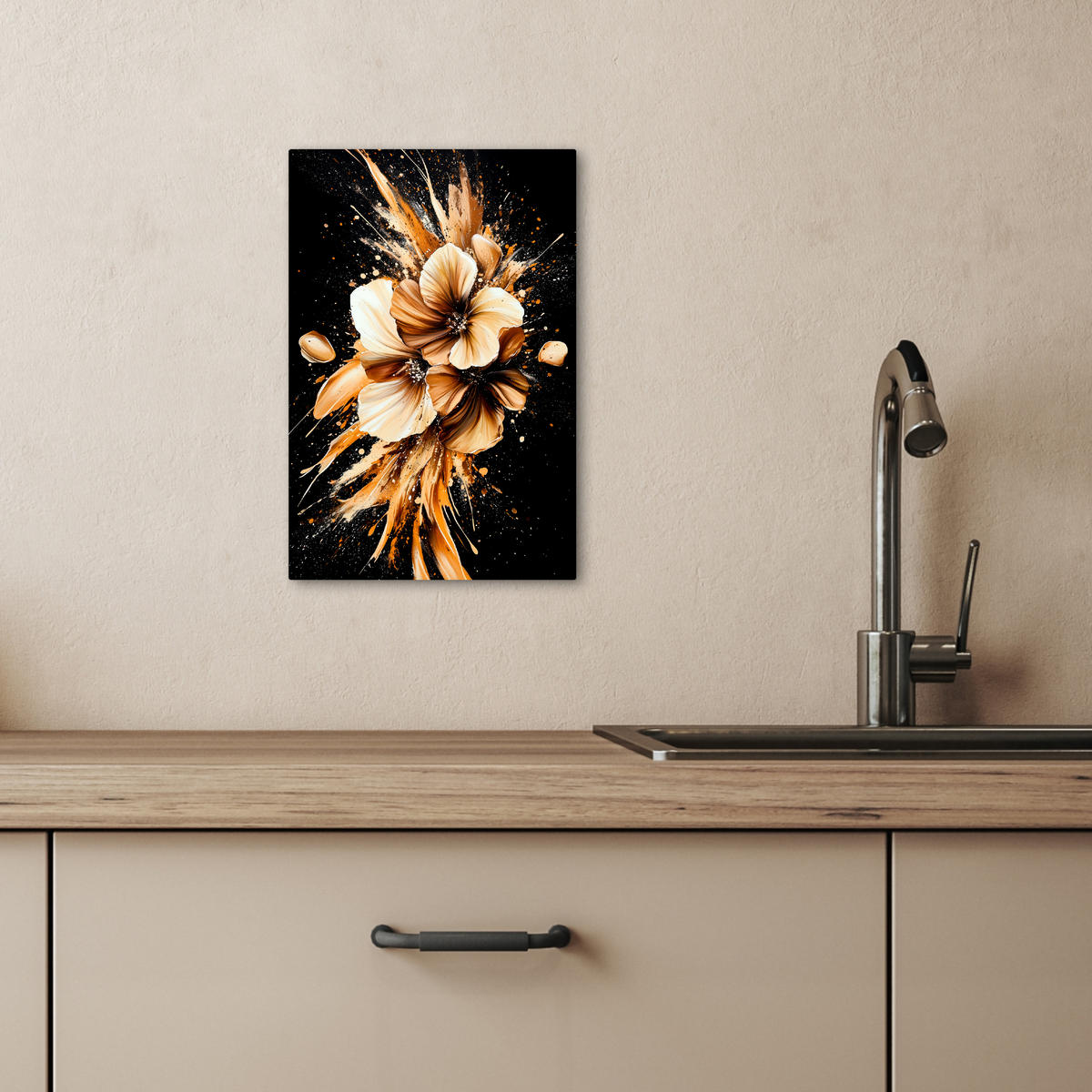 LEINWANDBILD Blumen - Gold - Graffiti - Schwarz - Abstrakt 20x30 cm - Cappuccino, Textil (20/30cm) - MuchoWow