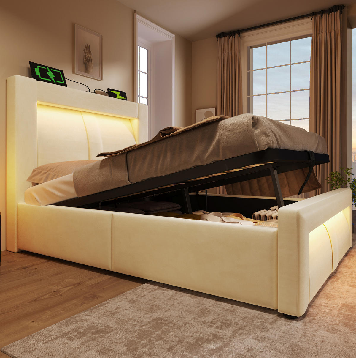 BETT mit Stauraum 90x200 cm Samt Beige mit LED und Ladeanschlüssen - Beige, Metall (90/200cm) - Meubliv