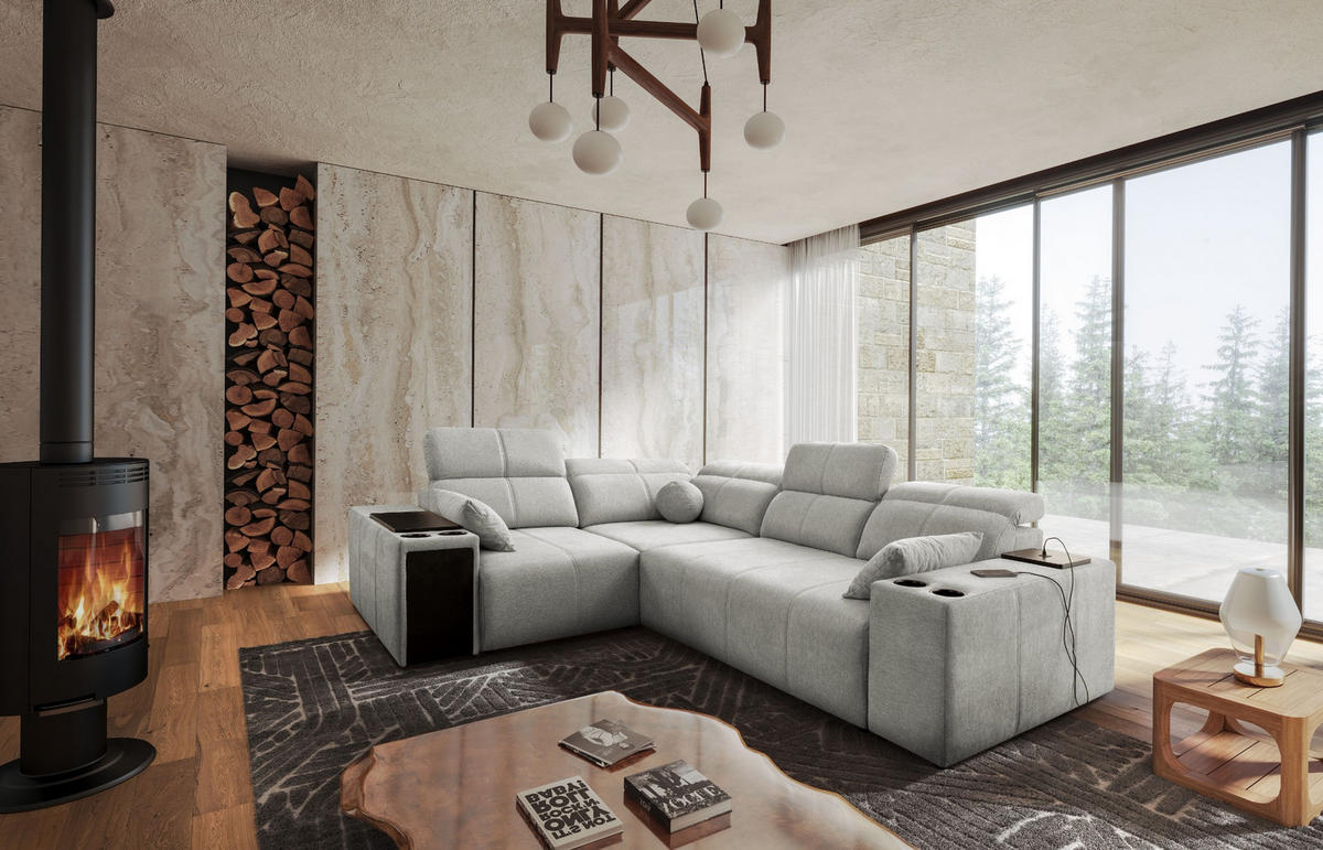 ECKSOFA Mit Schlaffunktion USB Und Verstellbarer Rückenlehne Mindy II Hellgrau Links - Hellgrau, Holz/Textil (219/288cm) - Kaiser Möbel