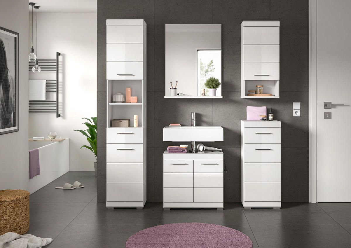 BADKOMBINATION 5tlg. Scout Bad in weiß Nachbildung und weiß hochglanz B/H/T: 164x191x34 cm - Weiß, Holz (164/191/34cm)