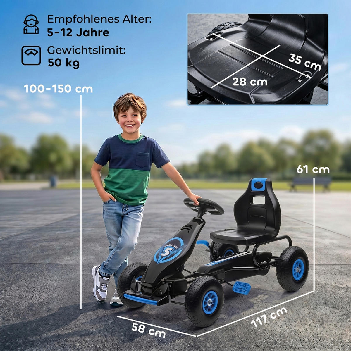 GOKART, dětské vozidlo s nastavitelným sedadlem, šlapací autíčko, zelené+černé - modrá, kov (117/58/61cm) - HOMCOM