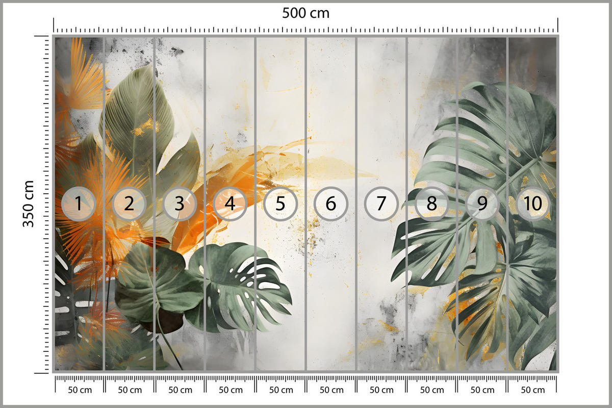FOTOTAPETE für Schlafzimmer Tropen Monstera Beton Natur Blätter 500x350 - Beige/Orange, Papier (500/350cm) - Muralo
