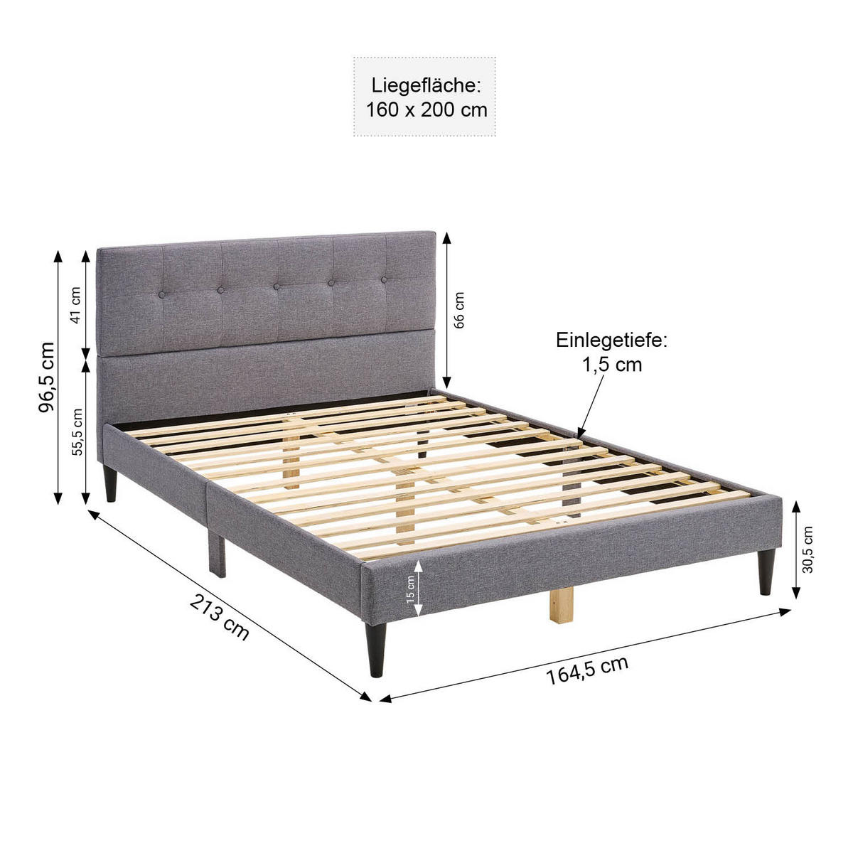 POLSTERBETT mit Lattenrost 160/200 cm in Grau - Grau, Textil (160/200cm) - Homestyle4u