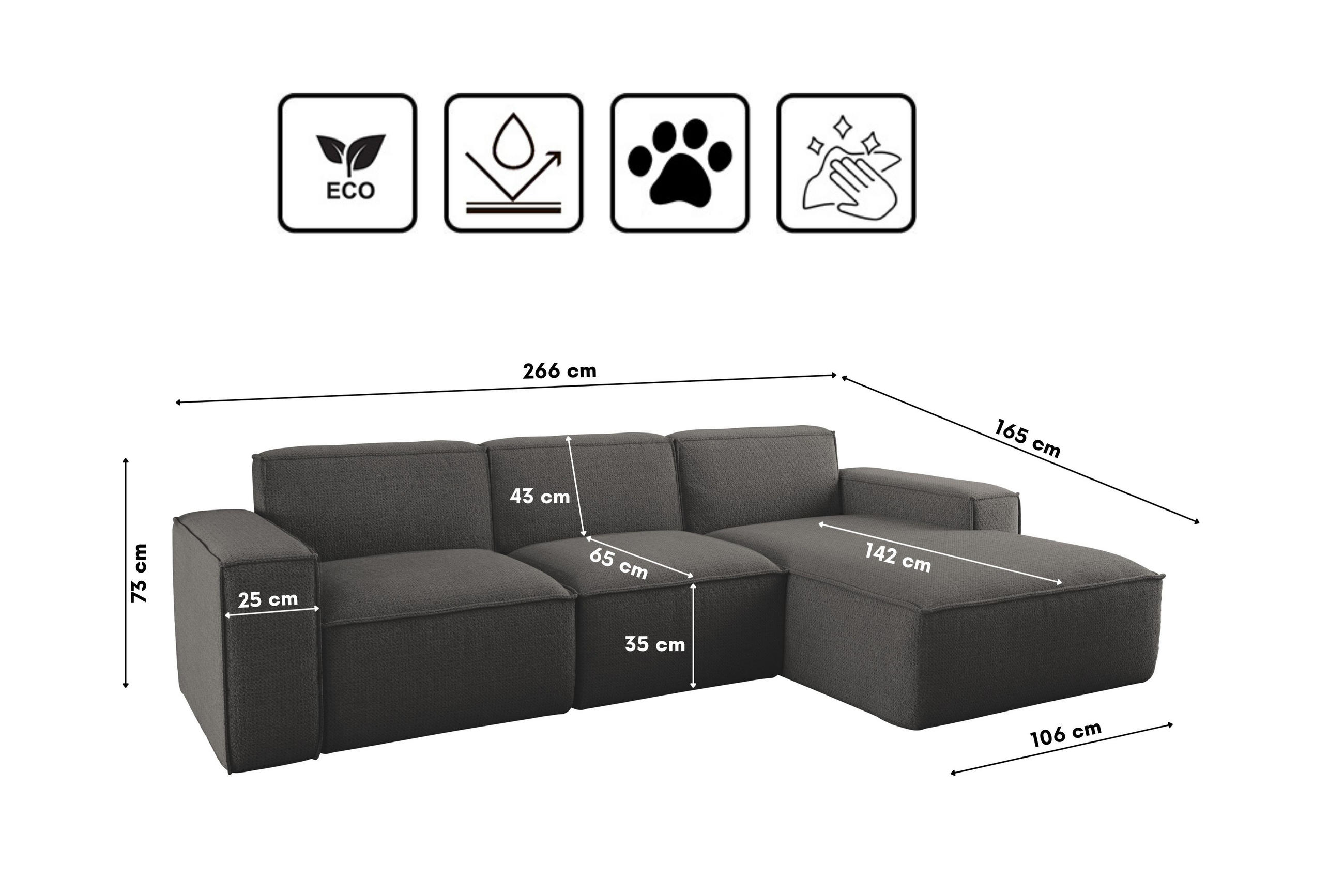 Thumbnail - Kaiser Möbel Ecksofa, Anthrazit, Holz, Füllung: Komfortschaum, L-Form,L-Form, 266x165 cm, Wohnzimmer, Sofas & Couches, W...