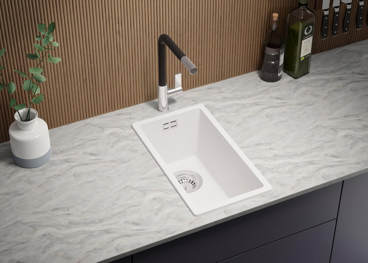 SPÜLBECKEN London Slim, 2-er set Alles Weiß 26/47 cm 1 Becken + Ablauf-Set ab 30er Unterschrank - Weiß, Kunststoff (26/20/47cm) - Primagran