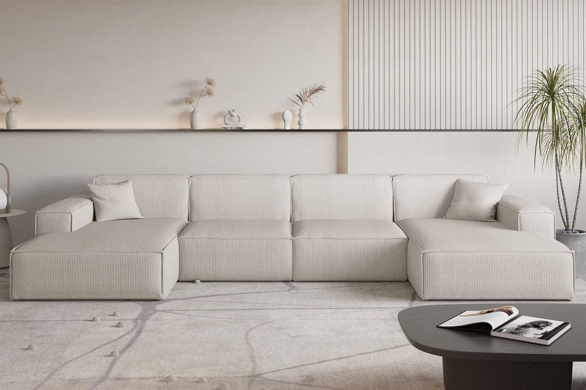 WOHNLANDSCHAFT Celes Premium In Scala - Beige, Holzwerkstoff/Textil (379/73/165cm) - Fun Möbel