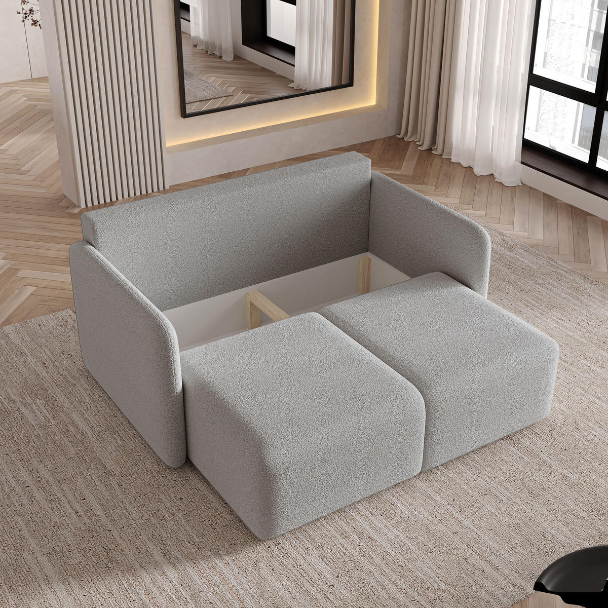 BETTSOFA SUVI II Q Hellgrau Bucle-Stoff mit Schlaffunktion - Hellgrau, Textil (90/85/153cm) - MASSENO