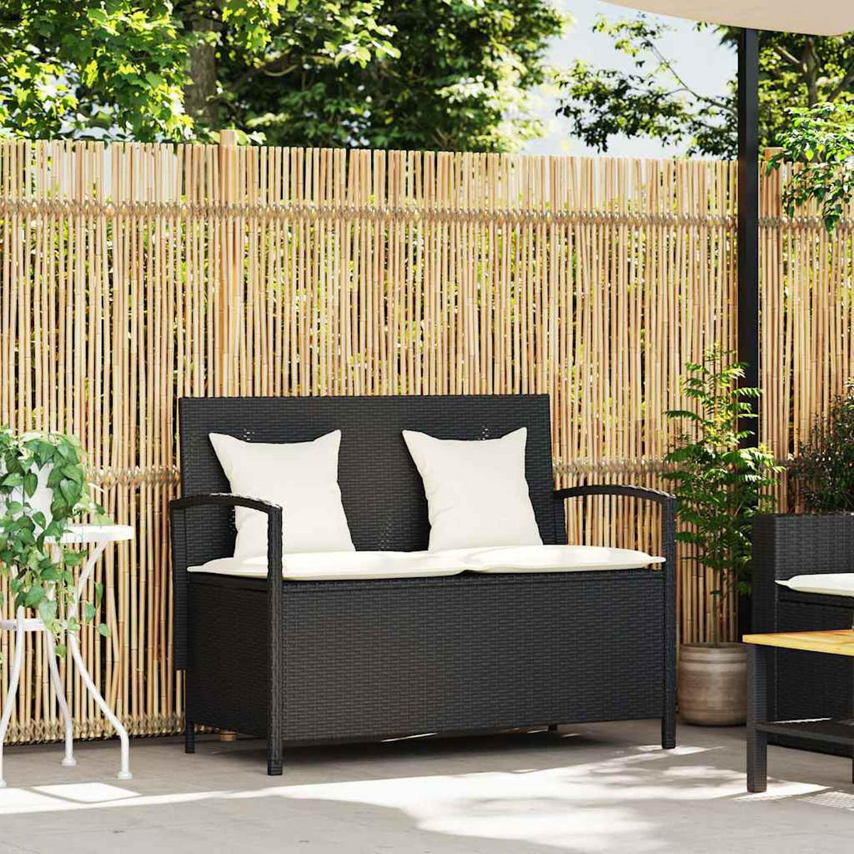 GARTENBANK Mit Stauraum Und Kissen Schwarz Poly Rattan - Schwarz, Kunststoff (111/87/56cm) - vidaXL