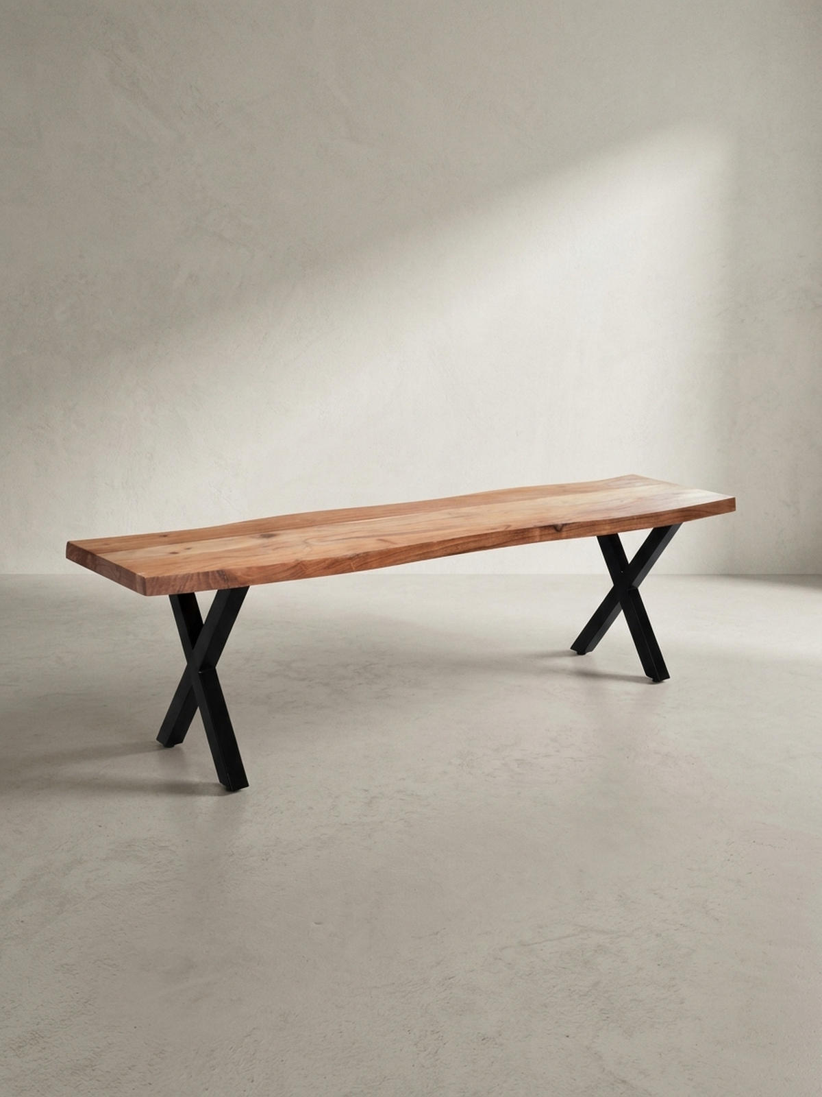 ESSZIMMERBANK Massivholz Metall Baumkante X-Beine, Akazie 120x40x46 cm - Schwarz/Braun, Holz/Metall (120/46/40cm) - KADIMA DESIGN