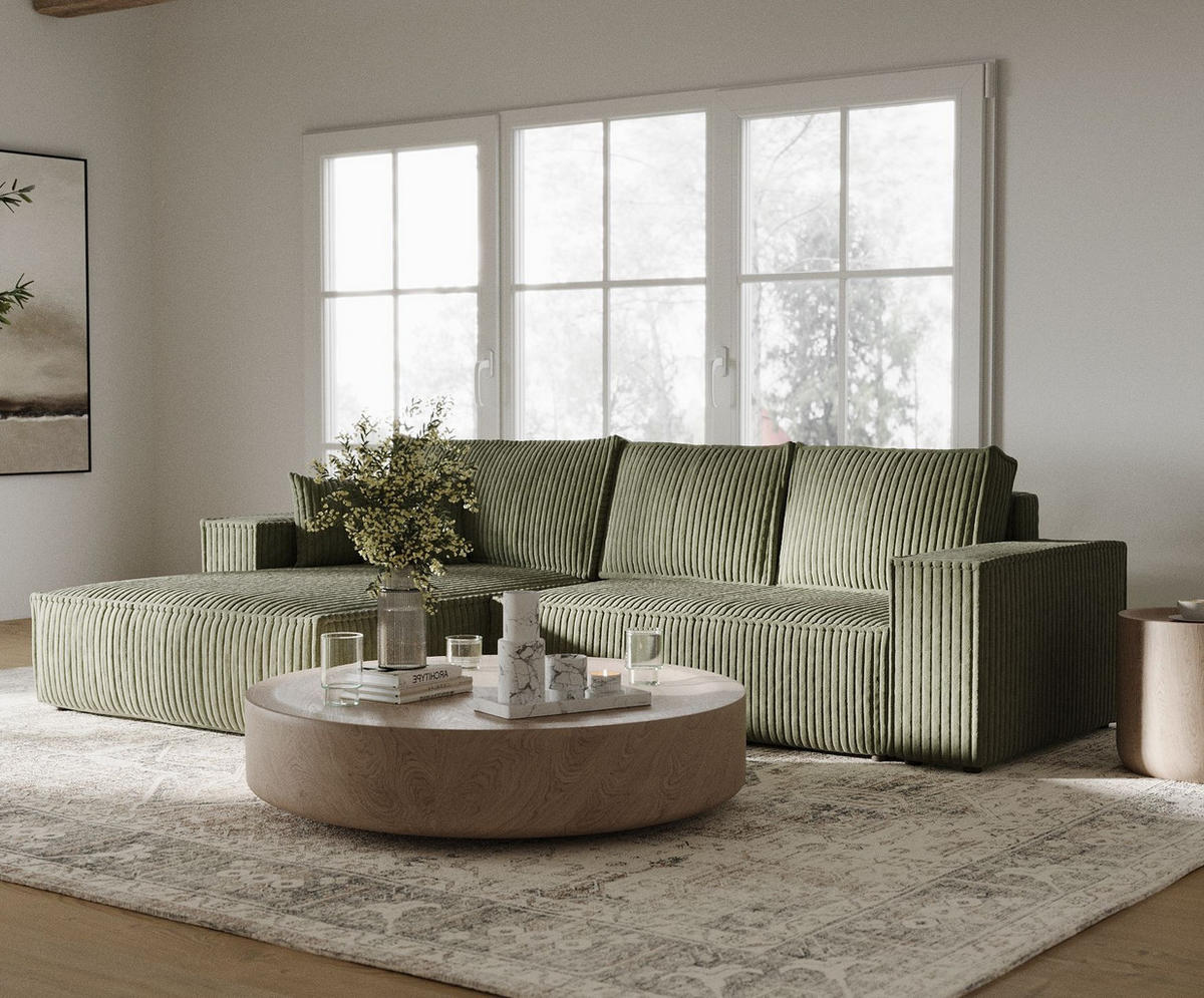 ECKSOFA Maze Grün Plüsch - Links Seite - Schwarz/Grün, Holz/Holzwerkstoff (185/294cm) - Maison de Reve