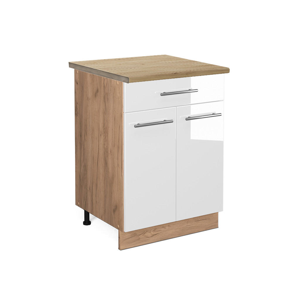 KÜCHENUNTERSCHRANK Fame-Line Weiß Hochglanz 60 cm mit Schublade AP Eiche - Honigeiche/Weiß Hochglanz, Holzwerkstoff (60/82/60cm) - Vicco