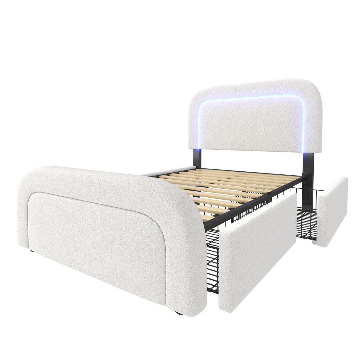 POLSTERBETT 90/200 cm aus Sherpa mit LED-Beleuchtung, USB-C und 2 Schubladen Weiß - Weiß, Fell (90/200cm) - Modenvie