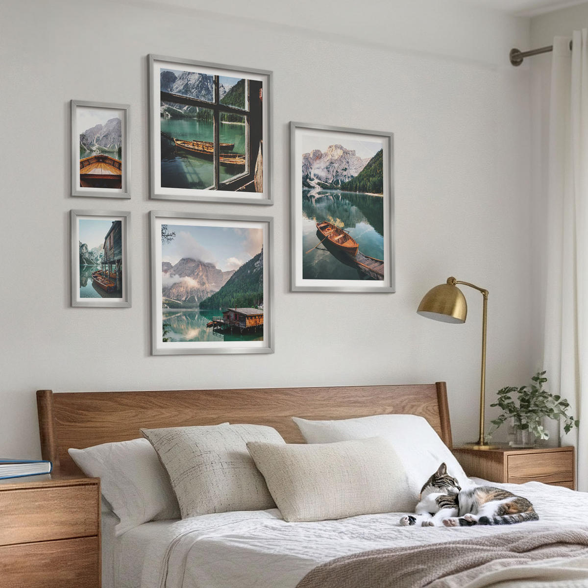 BILDER SET 5er Set - 50x50 cm & 20x30 cm & 40x60 cm Silberner Rahmen - See, Berge, Boote, Hütte, Fenster - Silberfarben, Kunststoff (40/60cm) - TULUP