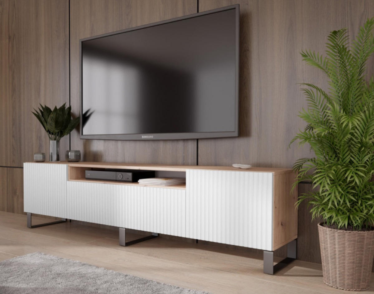 TV-SCHRANK Weiß Marco Metallbeine Gefräste Fronten Artisan - Hellbraun/Eiche Artisan, Holzwerkstoff (200/53/41cm) - Sepro Meble