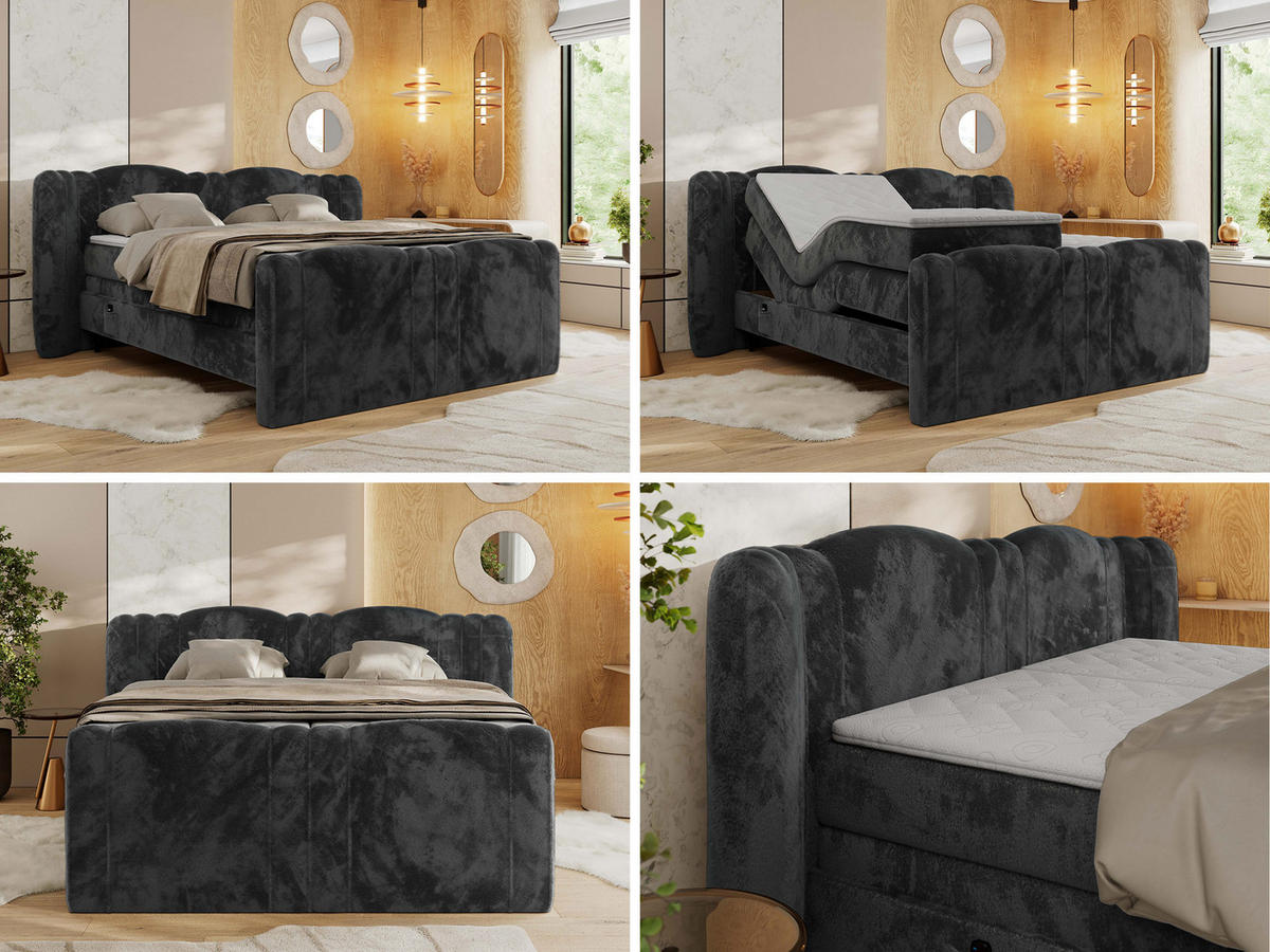 BOXBETT FORTINA 140/200 - Dunkelgrau Plüsch - H4 - Dunkelgrau, Holz/Textil (140/200cm) - MKS