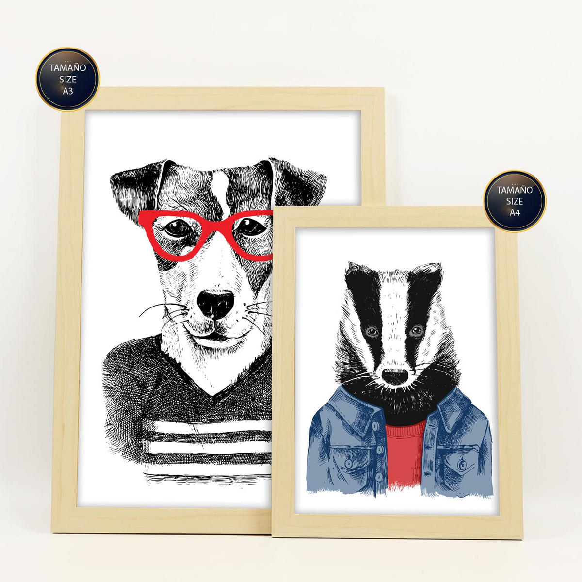 POSTER Set Mit 6 Tiere Größe A3 & A4 Rahmen aus hellem Holz - Beige, Papier (29.7/1cm) - Nacnic