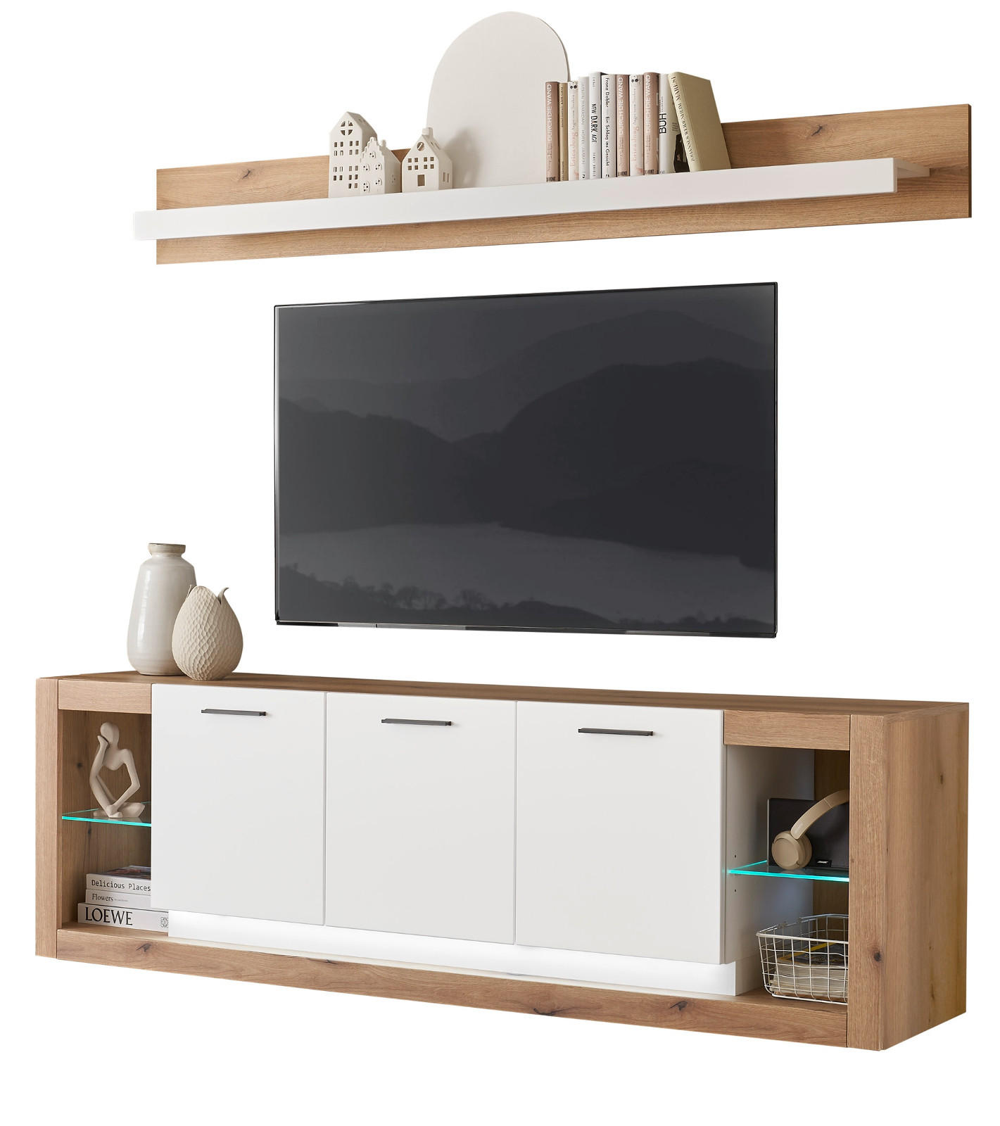 WOHNZIMMER-SET Wandboard weiß matt, Evoke Eiche, Wohnkombination Set 2-teilig - Eichefarben/Silberfarben, Glas/Holzwerkstoff (198/170/43cm) - Furn.Design
